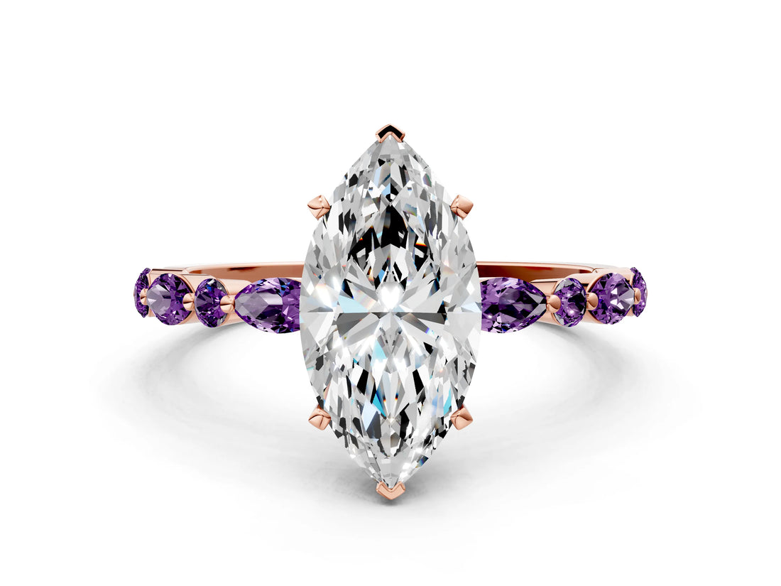 Rose gold Marquise Cut Diamond Ring with Marquise and Round with Amethyst side stone Side Stones and Four-Prong Setting_24