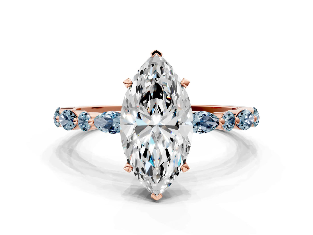 Rose gold Marquise Cut Diamond Ring with Marquise and Round with Aquamarine side stone Side Stones and Four-Prong Setting_12