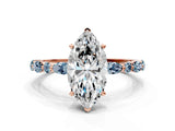 Rose gold Marquise Cut Diamond Ring with Marquise and Round with Aquamarine side stone Side Stones and Four-Prong Setting_12