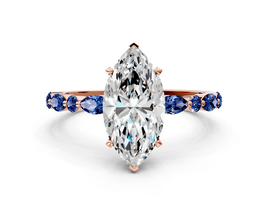 Rose gold Marquise Cut Diamond Ring with Marquise and Round with Blue Sapphire side stone Side Stones and Four-Prong Setting_48
