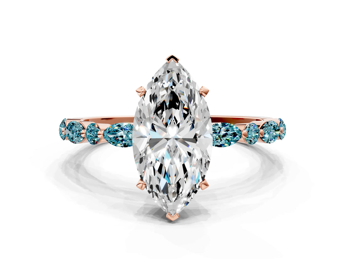 Rose gold Marquise Cut Diamond Ring with Marquise and Round with Blue Topaz side stone Side Stones and Four-Prong Setting_24