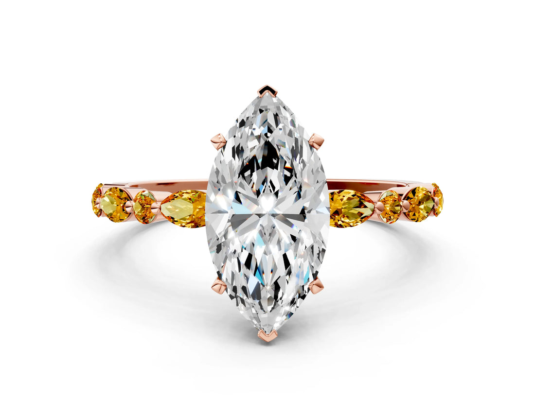 Rose gold Marquise Cut Diamond Ring with Marquise and Round with Citrine side stone Side Stones and Four-Prong Setting_12
