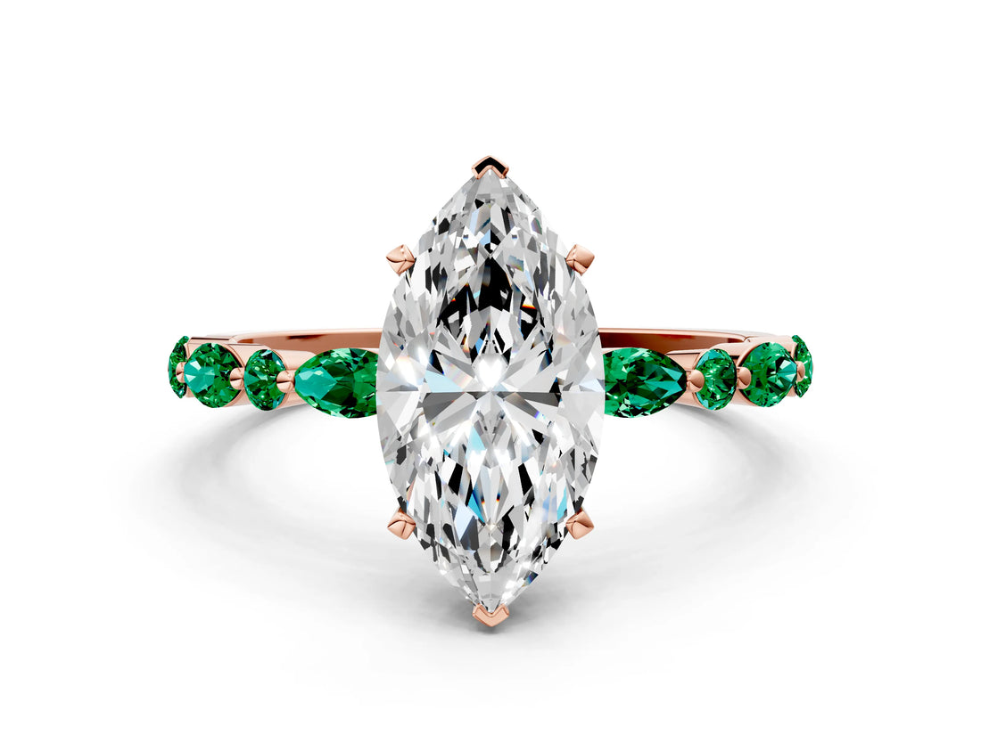 Rose gold Marquise Cut Diamond Ring with Marquise and Round with Emerald side stone Side Stones and Four-Prong Setting_60