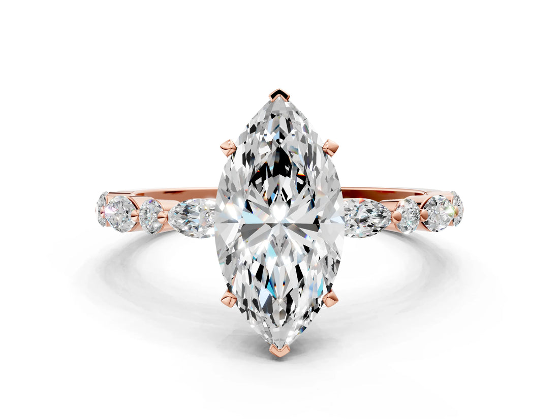 Rose gold Marquise Cut Diamond Ring with Marquise and Round with Moissanite side stone Side Stones and Four-Prong Setting_36