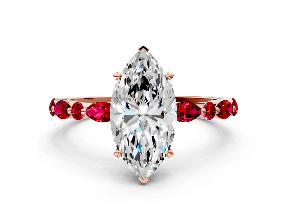 Rose gold Marquise Cut Diamond Ring with Marquise and Round with Ruby side stone Side Stones and Four-Prong Setting_36