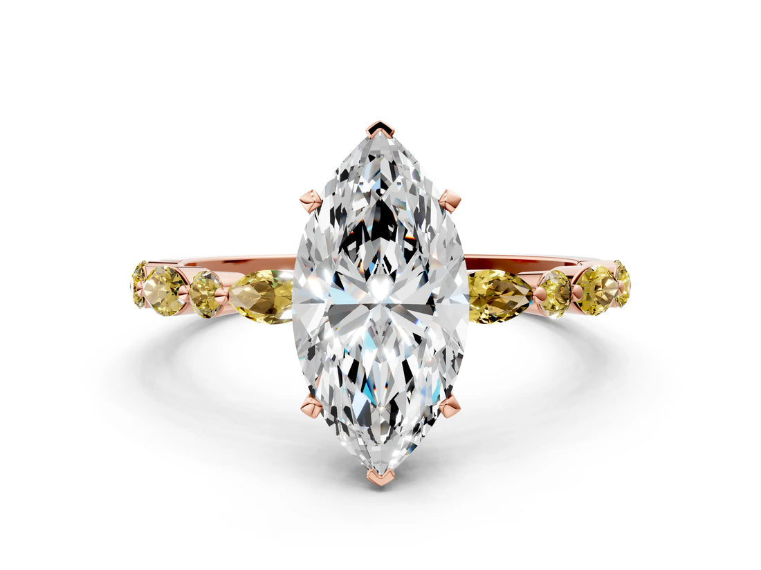 Rose gold Marquise Cut Diamond Ring with Marquise and Round with Yellow Sapphire side stone Side Stones and Four-Prong Setting_24
