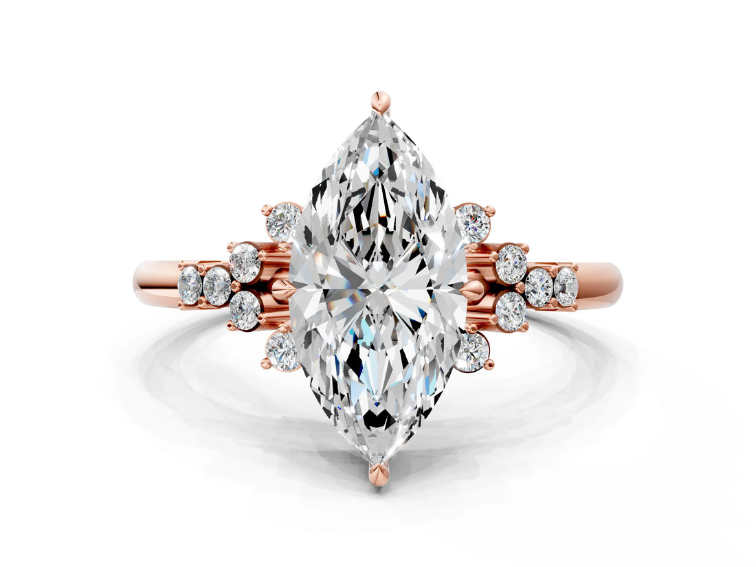 Rose gold Marquise Cut Diamond Ring with Side Stones and Four-Prong Setting_96
