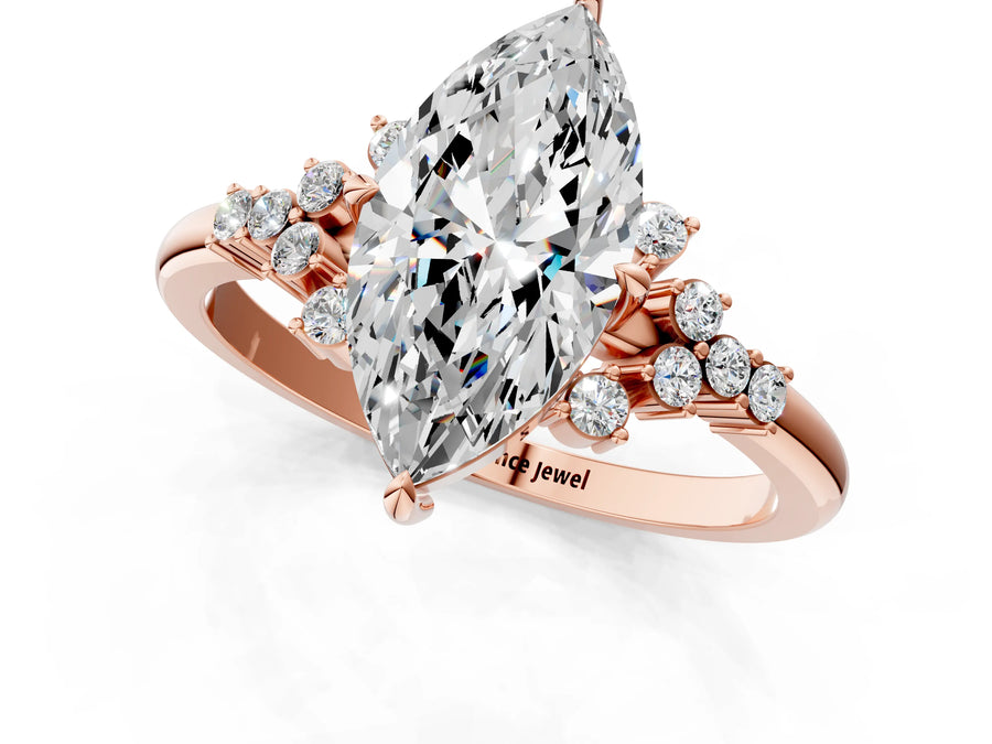 Rose gold Marquise Cut Diamond Ring with Side Stones and Four-Prong Setting