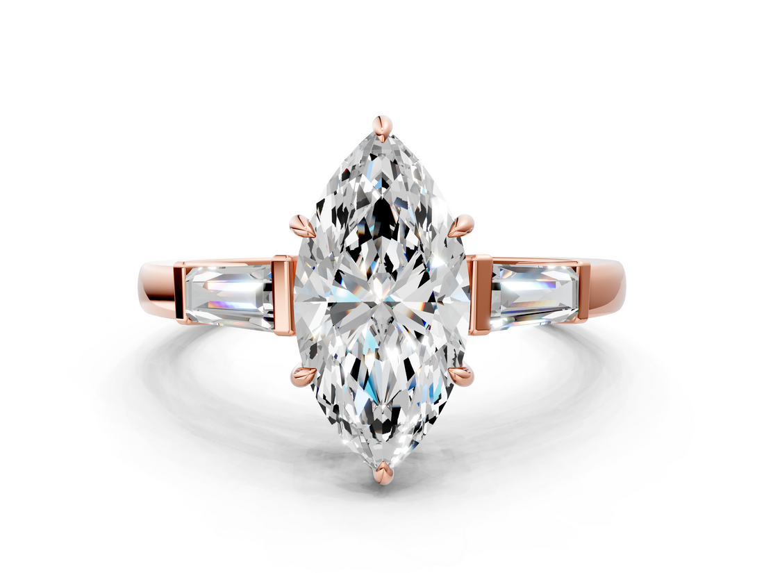 Rose gold Marquise Cut Diamond Ring with Tapered Baguette Side Stones in Four-Prong Setting_16