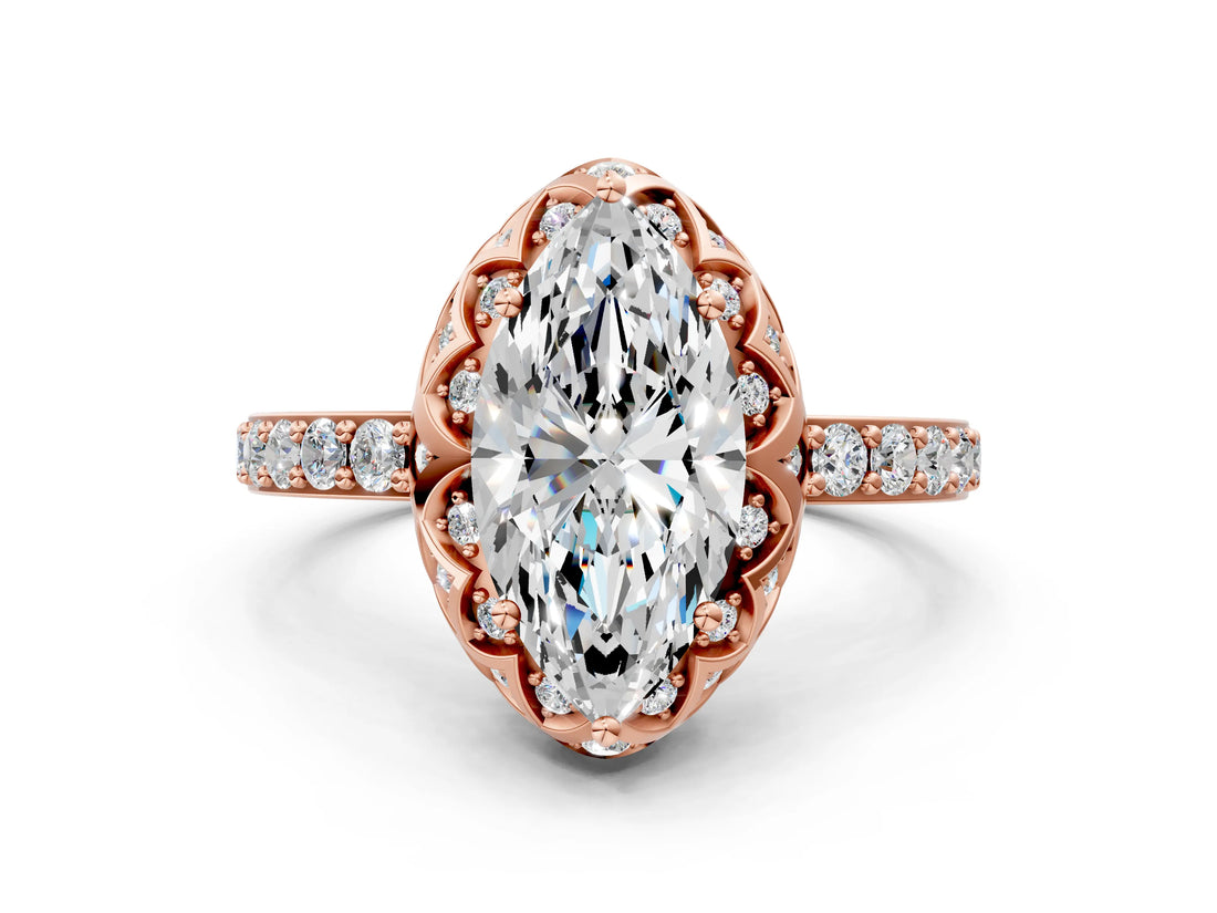 Rose gold Marquise Cut Diamond Scalloped Halo Engagement Ring with Round Shared Prong Band_12