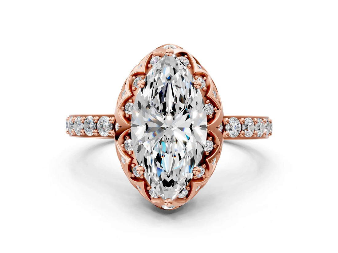 Rose gold Marquise Cut Diamond Scalloped Halo Engagement Ring with Round Shared Prong Band_24