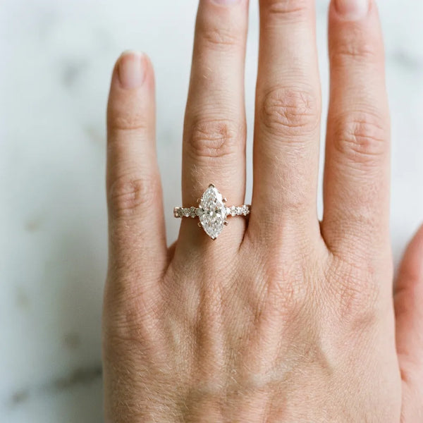 Rose Gold Marquise Side Stone Engagement Ring Setting with Pear and Round Accents