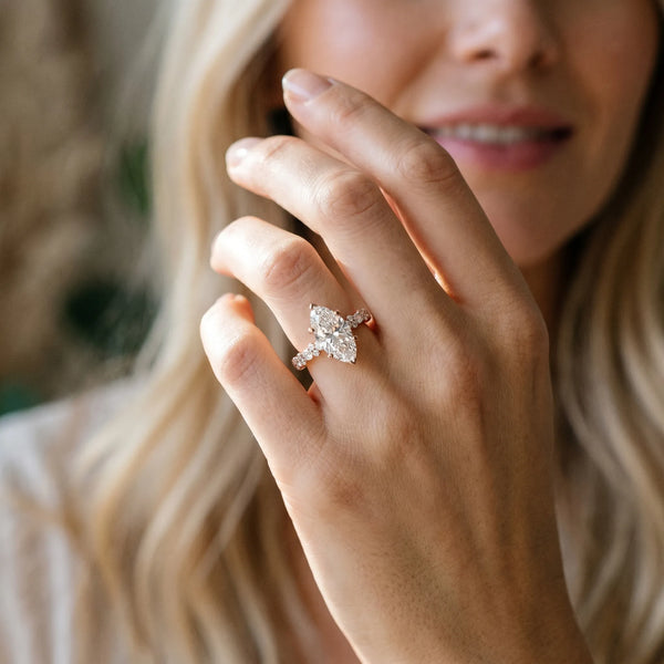 Rose Gold Marquise Side Stone Engagement Ring Setting with Pear and Round Accents