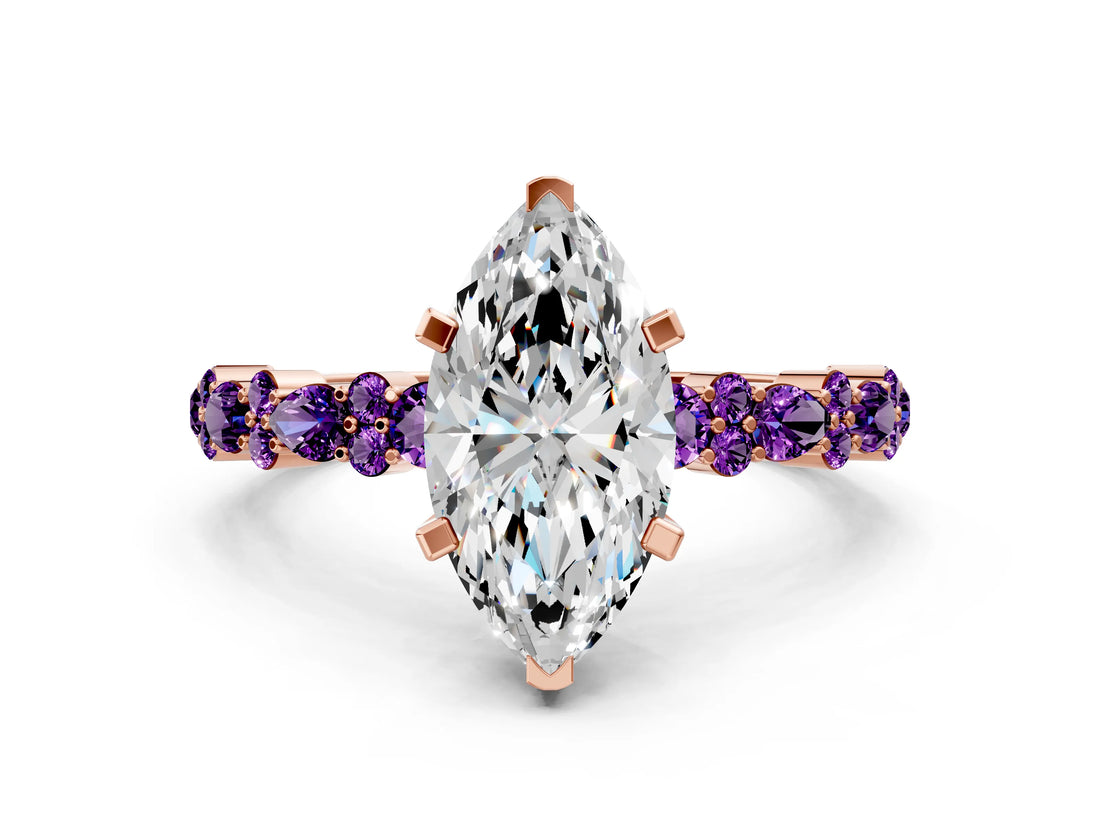 Rose gold Marquise Cut Diamond Side Stone Solitaire Ring with Round with Amethyst side stone and Four-Prong Setting_18