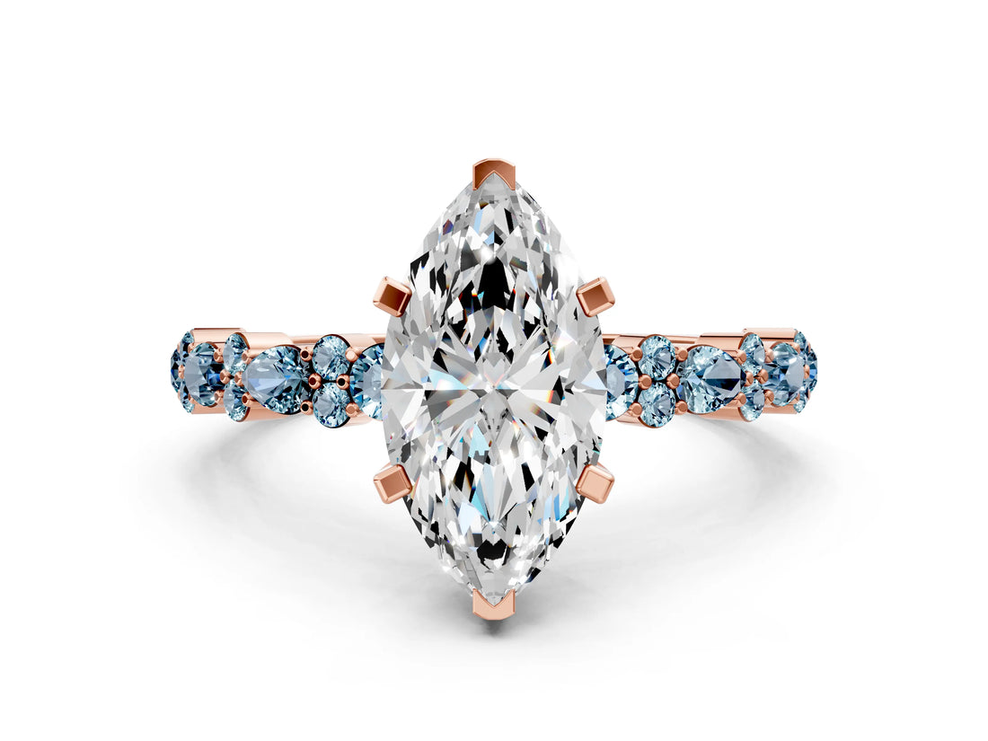 Rose gold Marquise Cut Diamond Side Stone Solitaire Ring with Round with Aquamarine side stone and Four-Prong Setting_18