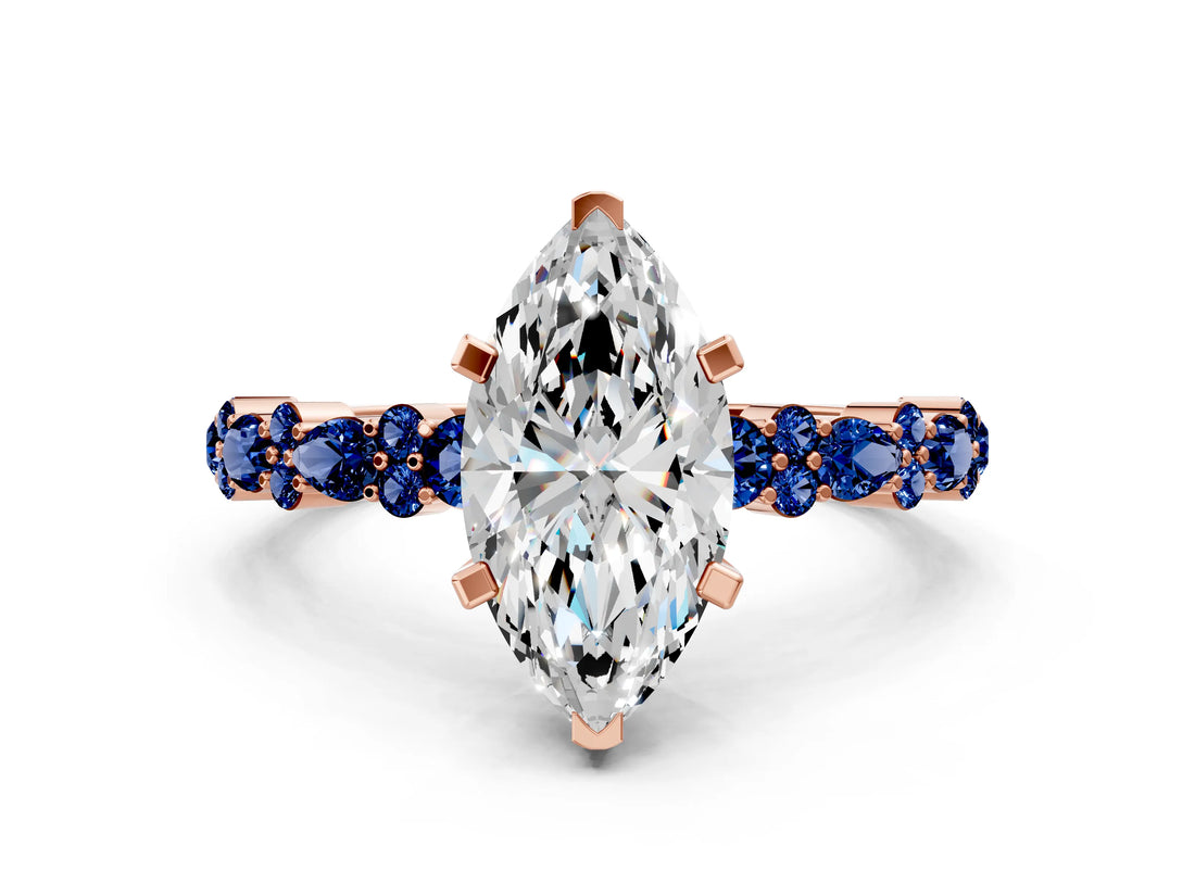 Rose gold Marquise Cut Diamond Side Stone Solitaire Ring with Round with Blue Sapphire side stone and Four-Prong Setting