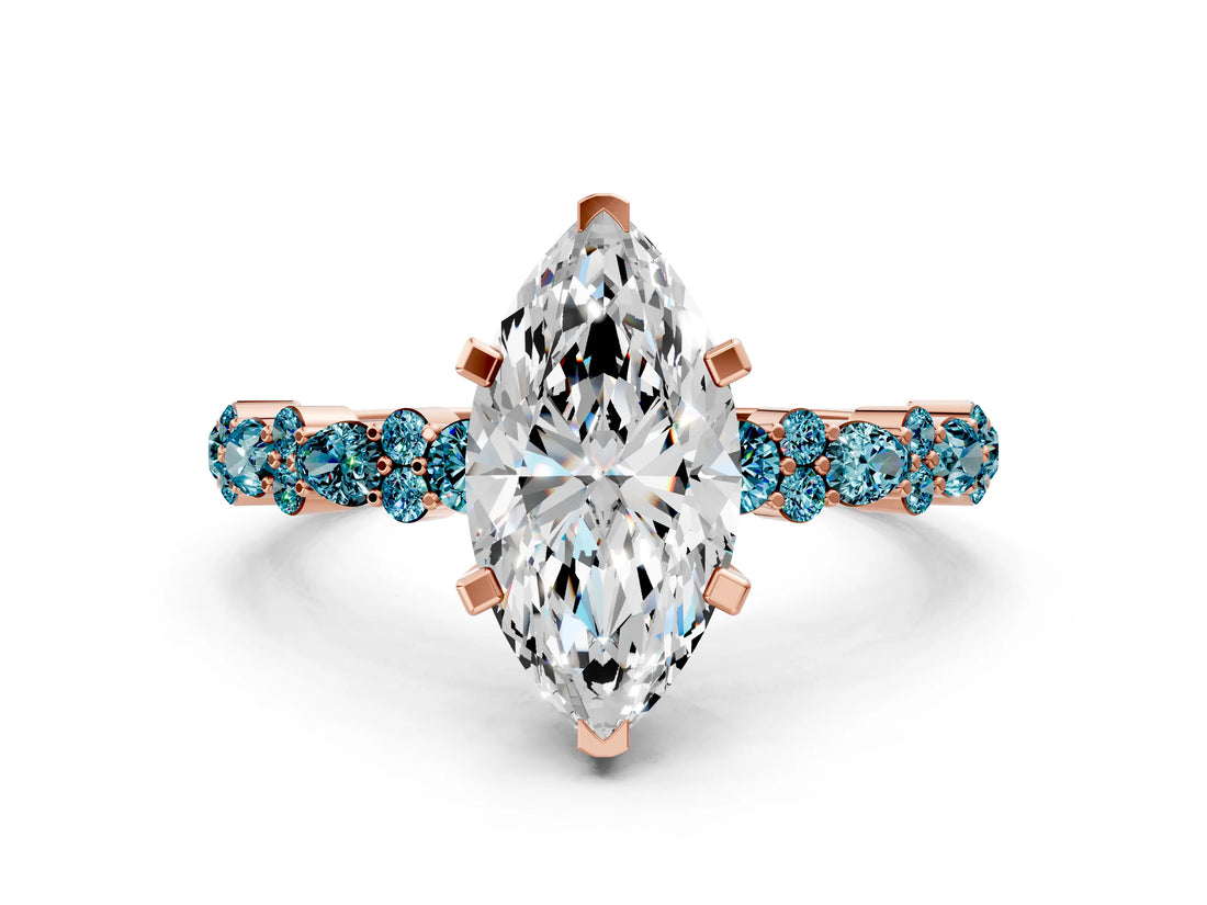 Rose gold Marquise Cut Diamond Side Stone Solitaire Ring with Round with Blue Topaz side stone and Four-Prong Setting