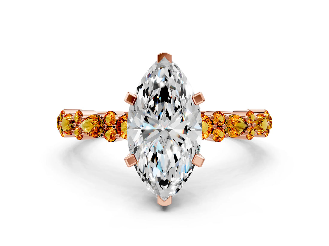 Rose gold Marquise Cut Diamond Side Stone Solitaire Ring with Round with Citrine side stone and Four-Prong Setting