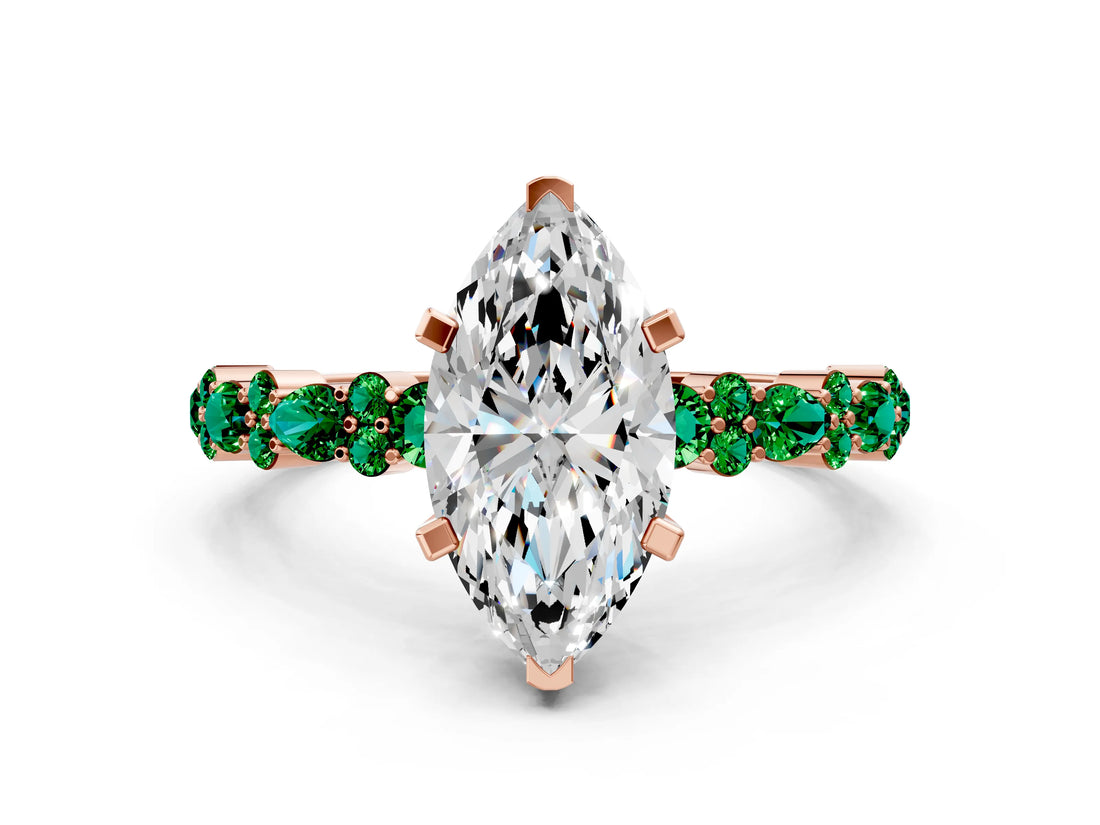 Rose gold Marquise Cut Diamond Side Stone Solitaire Ring with Round with Emerald side stone and Four-Prong Setting_19
