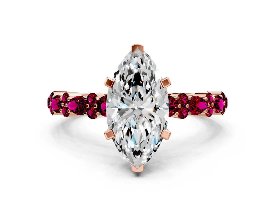 Rose gold Marquise Cut Diamond Side Stone Solitaire Ring with Round with Garnet side stone and Four-Prong Setting_6