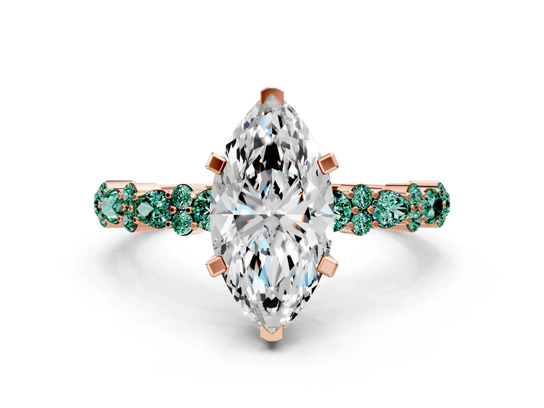 Rose gold Marquise Cut Diamond Side Stone Solitaire Ring with Round with Green Sapphire side stone and Four-Prong Setting