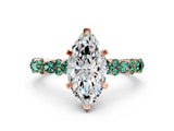 Rose gold Marquise Cut Diamond Side Stone Solitaire Ring with Round with Green Sapphire side stone and Four-Prong Setting