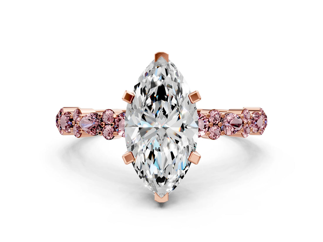 Rose gold Marquise Cut Diamond Side Stone Solitaire Ring with Round with Morganite side stone and Four-Prong Setting