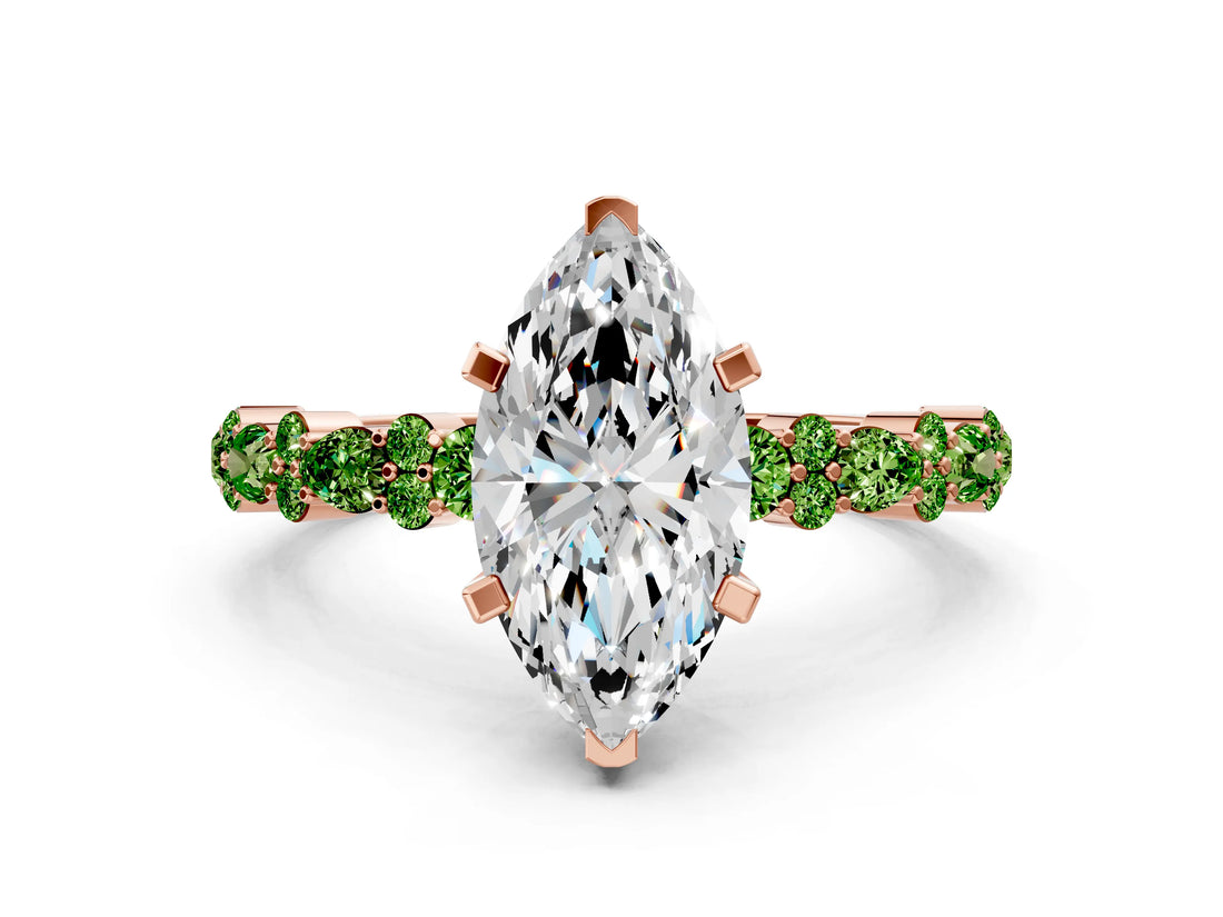 Rose gold Marquise Cut Diamond Side Stone Solitaire Ring with Round with Peridot side stone and Four-Prong Setting