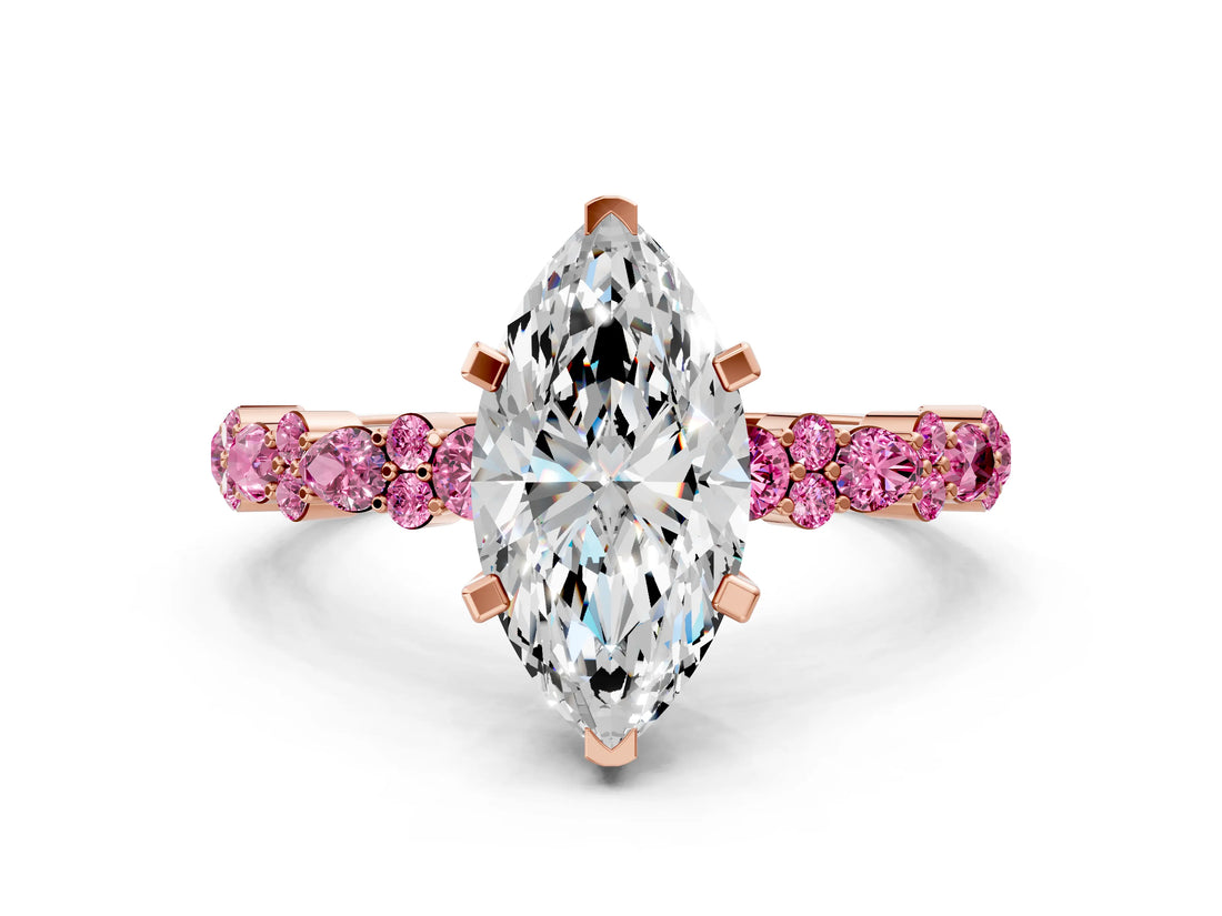 Rose gold Marquise Cut Diamond Side Stone Solitaire Ring with Round with Pink Sapphire side stone and Four-Prong Setting