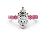Rose gold Marquise Cut Diamond Side Stone Solitaire Ring with Round with Pink Sapphire side stone and Four-Prong Setting