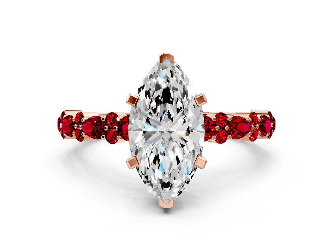 Rose gold Marquise Cut Diamond Side Stone Solitaire Ring with Round with Ruby side stone and Four-Prong Setting_18