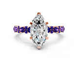 Rose gold Marquise Cut Diamond Side Stone Solitaire Ring with Round with Tanzanite side stone and Four-Prong Setting