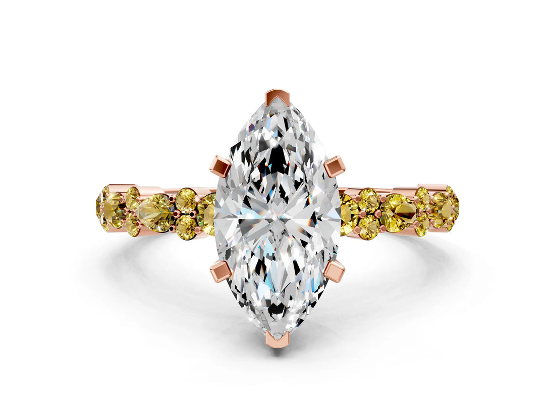 Rose gold Marquise Cut Diamond Side Stone Solitaire Ring with Round with Yellow Sapphire side stone and Four-Prong Setting