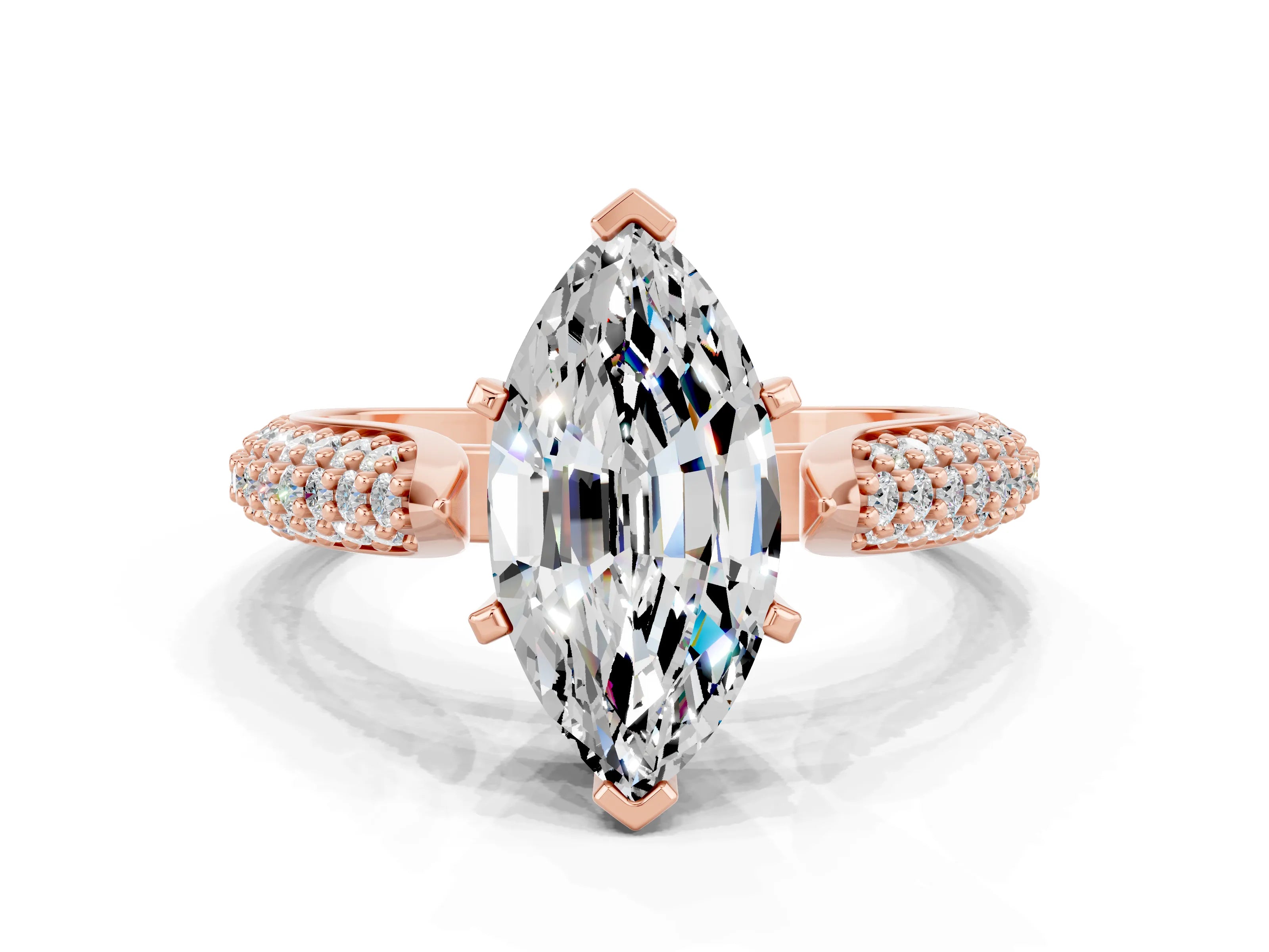 Rose gold Marquise Cut Diamond Solitaire Engagement Ring with Pavé Band and Four-Prong Setting