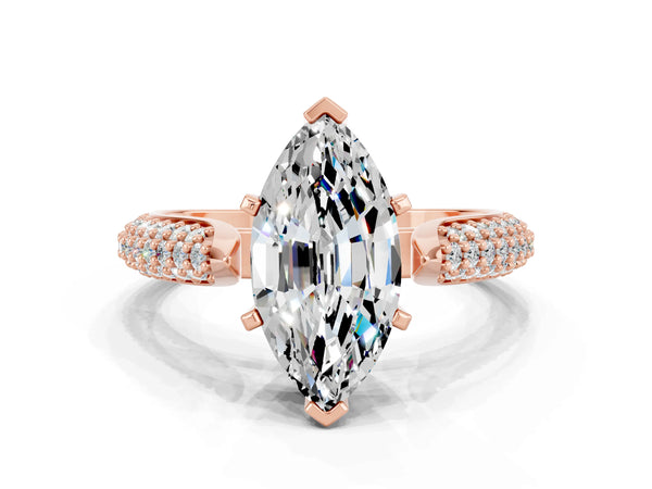 Rose gold Marquise Cut Moissanite Solitaire Engagement Ring with Multi-Row Round Pavé Band and Prong Setting