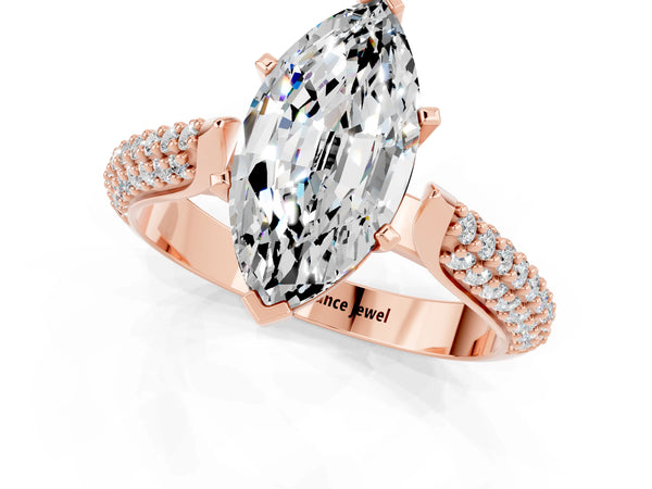 Rose gold Marquise Cut Moissanite Solitaire Engagement Ring with Multi-Row Round Pavé Band and Prong Setting