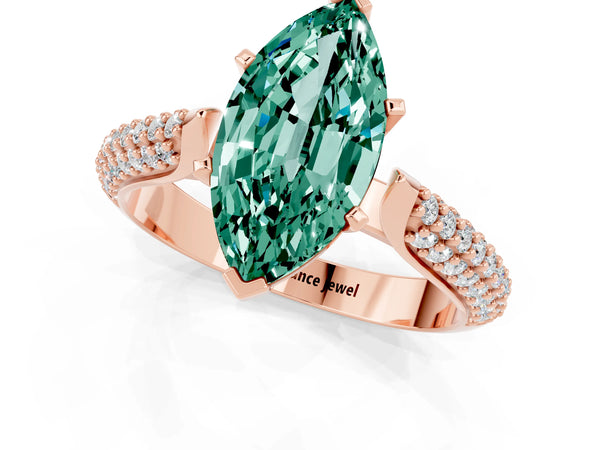 Rose gold Marquise Cut Green Sapphire Solitaire Engagement Ring with Multi-Row Round Pavé Band and Prong Setting