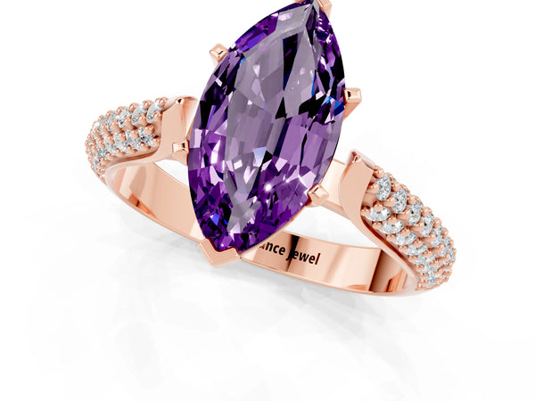 Rose gold Marquise Cut Amethyst Solitaire Engagement Ring with Multi-Row Round Pavé Band and Prong Setting