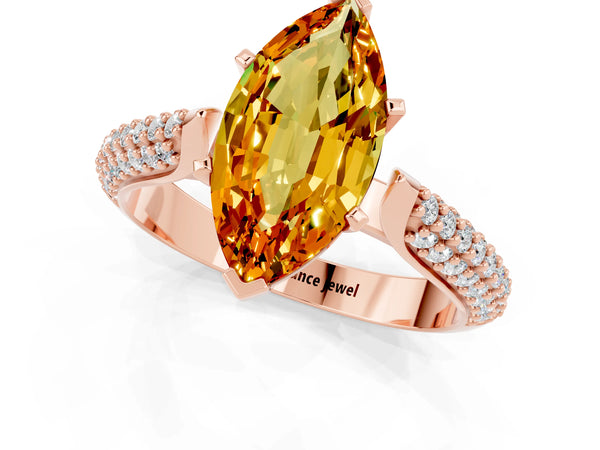 Rose gold Marquise Cut Citrine Solitaire Engagement Ring with Multi-Row Round Pavé Band and Prong Setting