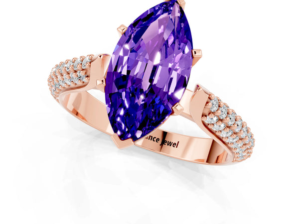 Rose gold Marquise Cut Tanzanite Solitaire Engagement Ring with Multi-Row Round Pavé Band and Prong Setting
