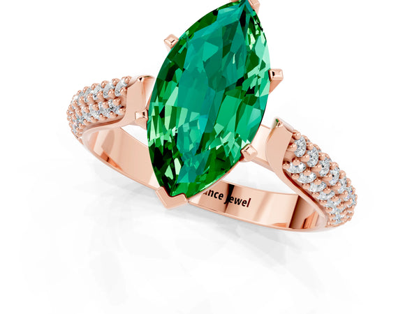 Rose gold Marquise Cut Emerald Solitaire Engagement Ring with Multi-Row Round Pavé Band and Prong Setting