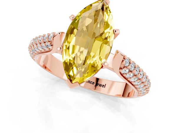 Rose gold Marquise Cut Yellow Sapphire Solitaire Engagement Ring with Multi-Row Round Pavé Band and Prong Setting