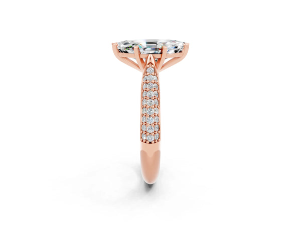 Rose gold Marquise Cut Moissanite Solitaire Engagement Ring with Multi-Row Round Pavé Band and Prong Setting