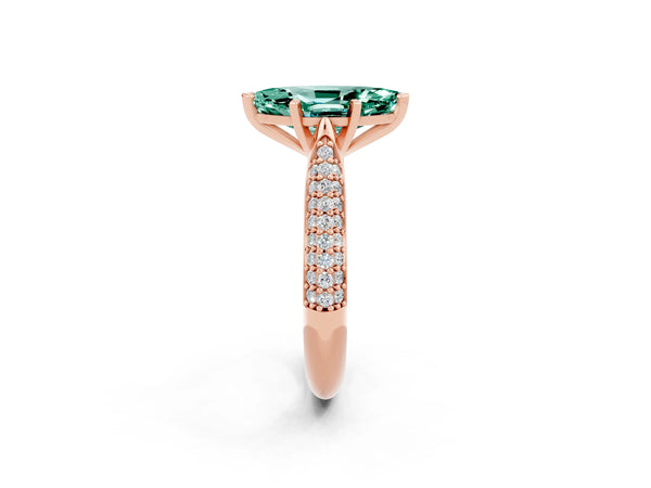 Rose gold Marquise Cut Green Sapphire Solitaire Engagement Ring with Multi-Row Round Pavé Band and Prong Setting