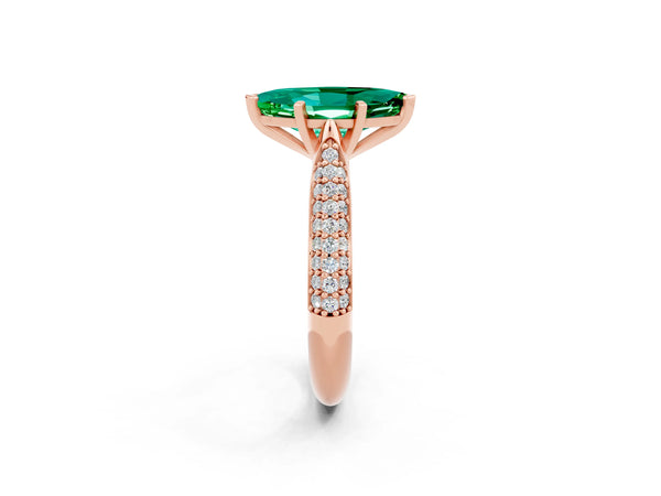Rose gold Marquise Cut Emerald Solitaire Engagement Ring with Multi-Row Round Pavé Band and Prong Setting