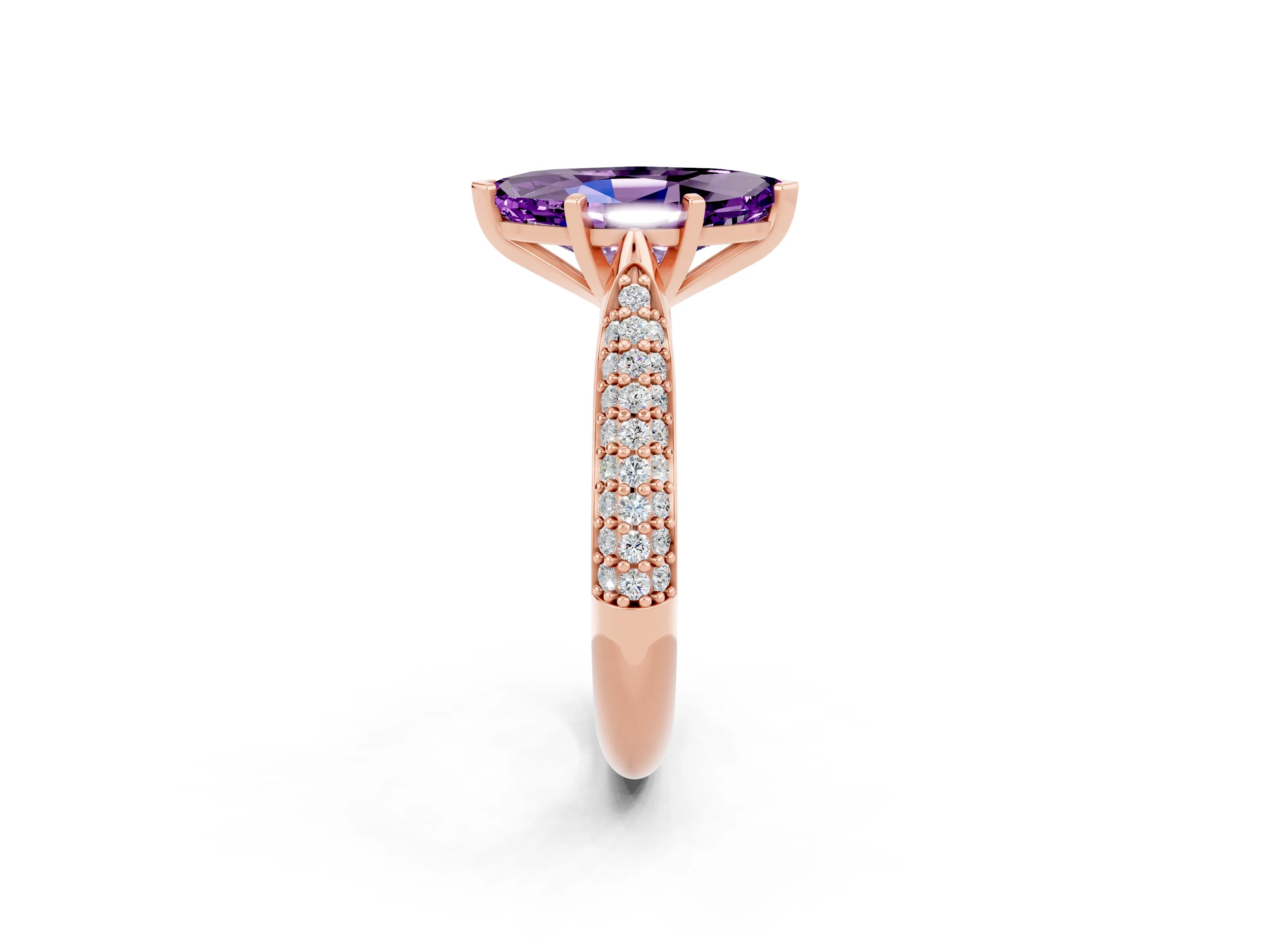 Rose gold Marquise Cut Diamond Solitaire Engagement Ring with Pavé Band and Four-Prong Setting_2