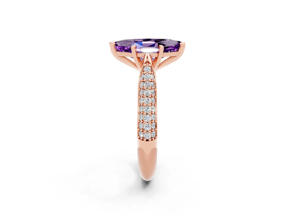 Rose gold Marquise Cut Amethyst Solitaire Engagement Ring with Multi-Row Round Pavé Band and Prong Setting