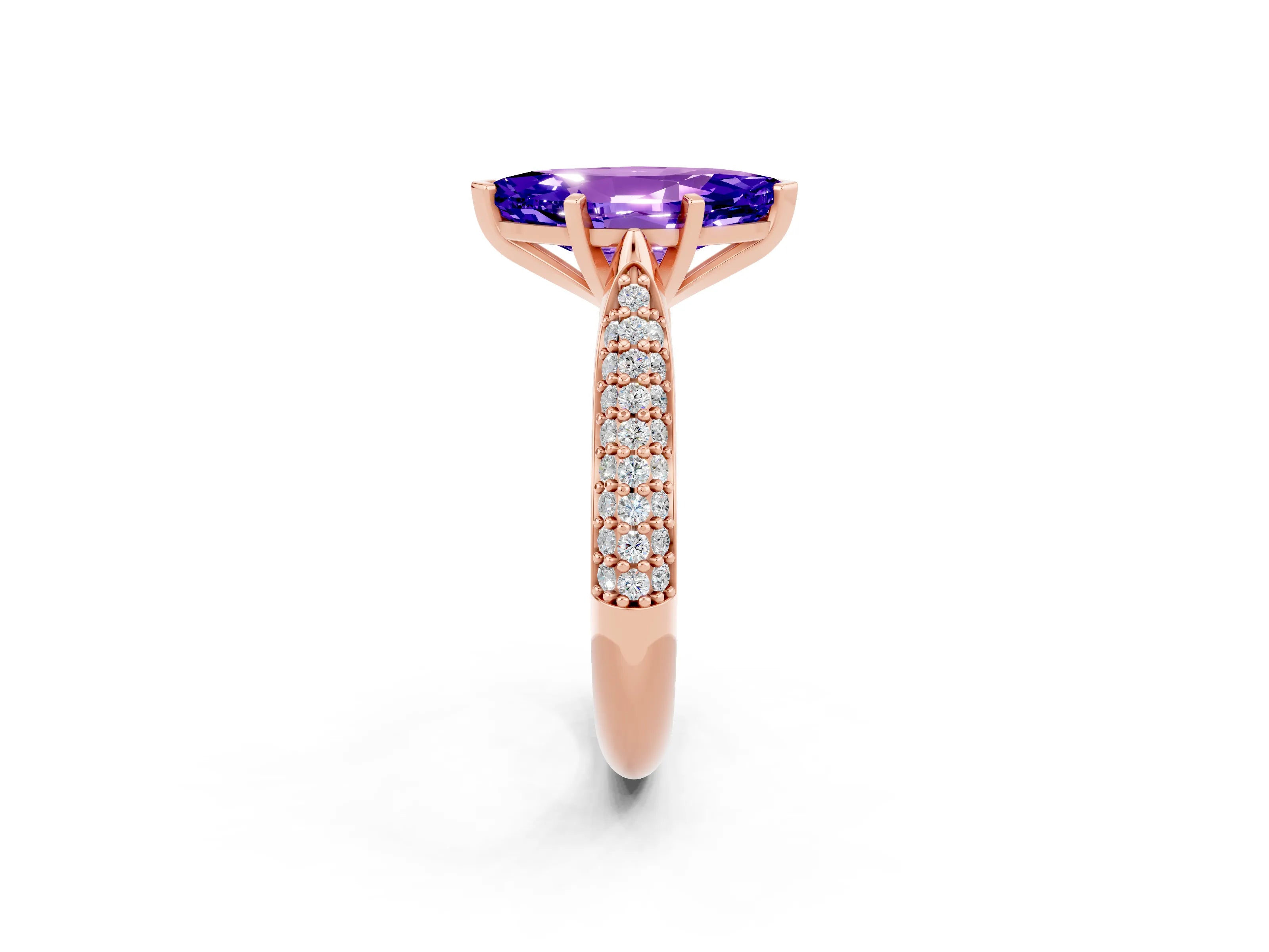 Rose gold Marquise Cut Diamond Solitaire Engagement Ring with Pavé Band and Four-Prong Setting_2