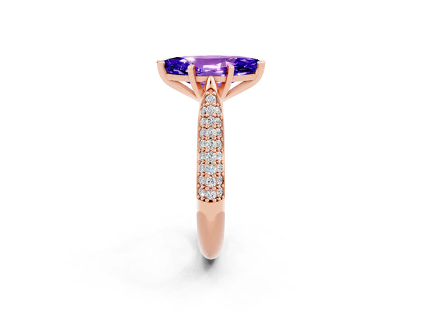 Rose gold Marquise Cut Tanzanite Solitaire Engagement Ring with Multi-Row Round Pavé Band and Prong Setting