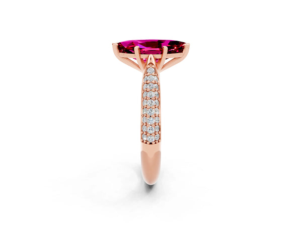 Rose gold Marquise Cut Garnet Solitaire Engagement Ring with Multi-Row Round Pavé Band and Prong Setting